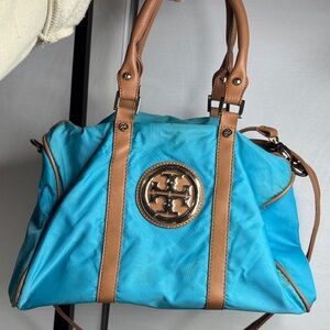 Tory Burch Aqua and Brown Satchel